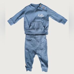 HUGGIES | Blue Ribbed Baby Two-Piece Set - "hello" Sweatshirt + Pants